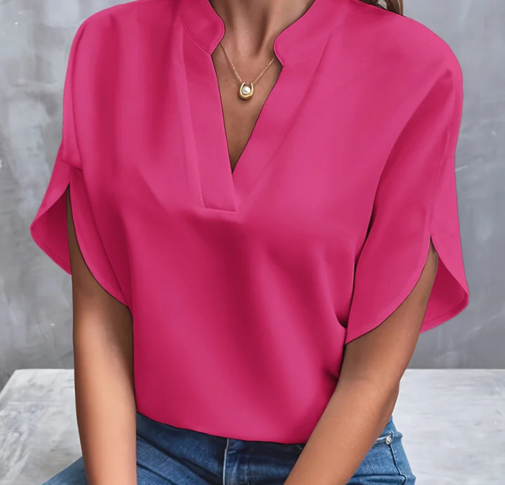Chemisier d'Été en Chiffon – Col V, Manches Courtes & Style Décontracté