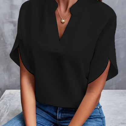 Chemisier d'Été en Chiffon – Col V, Manches Courtes & Style Décontracté