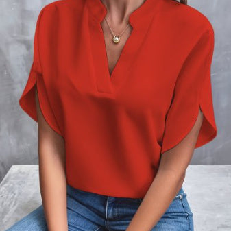 Chemisier d'Été en Chiffon – Col V, Manches Courtes & Style Décontracté