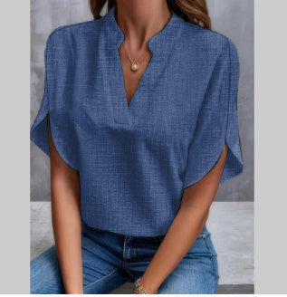 Chemisier d'Été en Chiffon – Col V, Manches Courtes & Style Décontracté