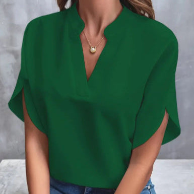 Chemisier d'Été en Chiffon – Col V, Manches Courtes & Style Décontracté