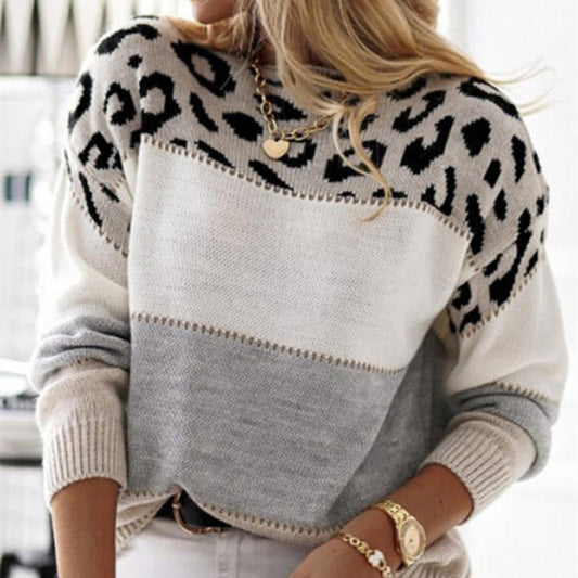 Dressing Chill - Pull Femme Léopard Bicolore, Col Rond, Manches Longues, Style Casual