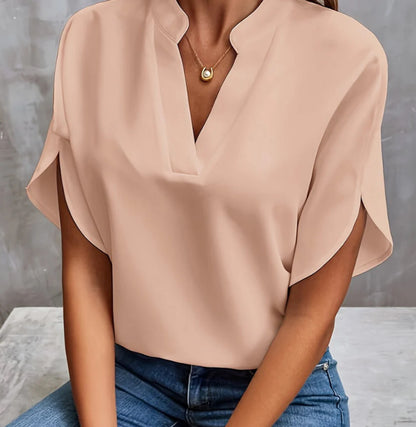 Chemisier d'Été en Chiffon – Col V, Manches Courtes & Style Décontracté