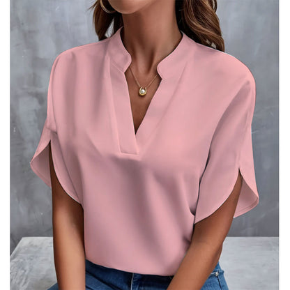 Chemisier d'Été en Chiffon – Col V, Manches Courtes & Style Décontracté